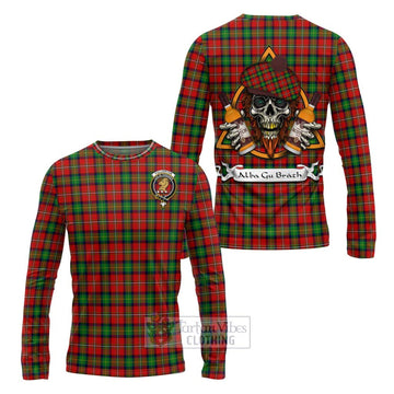 Fullerton Tartan Long Sleeve T-Shirt with Family Crest and Bearded Skull Holding Bottles of Whiskey Unisex - Tartan Vibes Clothing