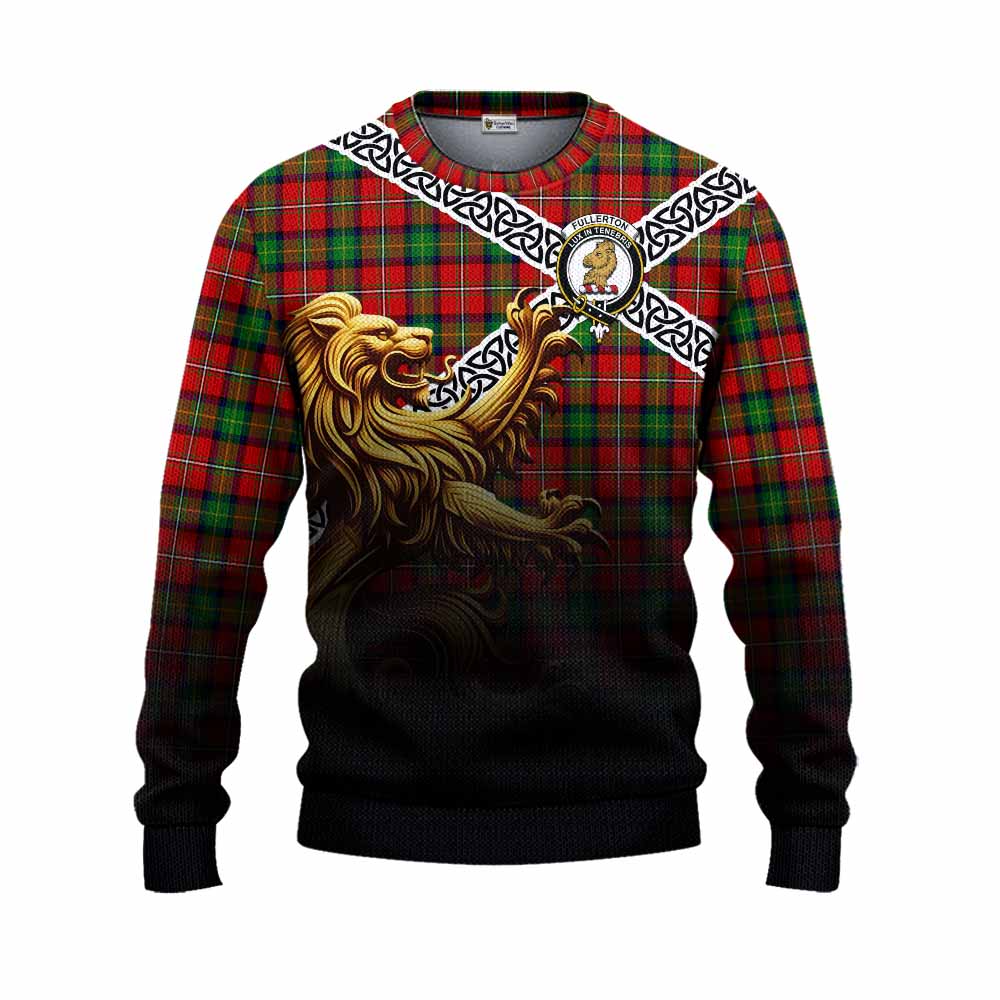 Fullerton Crest Tartan Knitted Sweater with Golden Lion Emblem Celtic Style Unisex - Tartan Vibes Clothing