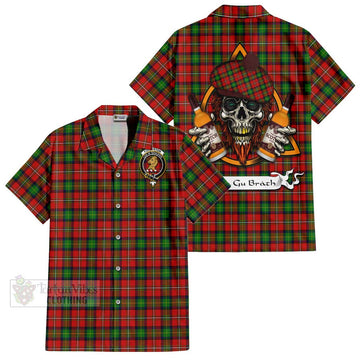 Fullerton Tartan Hawaiian Shirt with Family Crest and Bearded Skull Holding Bottles of Whiskey Kid - Tartan Vibes Clothing