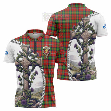 Fullerton Tartan Zipper Polo Shirt with Family Crest and St. Andrew's Cross Accented by Thistle Vines Unisex - Tartan Vibes Clothing