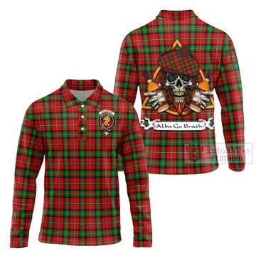 Fullerton Tartan Long Sleeve Polo Shirt with Family Crest and Bearded Skull Holding Bottles of Whiskey Unisex - Tartan Vibes Clothing