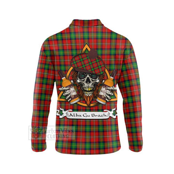 Fullerton Tartan Long Sleeve Polo Shirt with Family Crest and Bearded Skull Holding Bottles of Whiskey - Tartan Vibes Clothing
