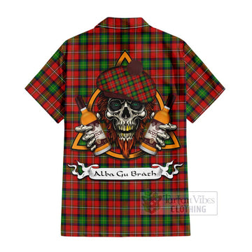 Fullerton Tartan Hawaiian Shirt with Family Crest and Bearded Skull Holding Bottles of Whiskey - Tartan Vibes Clothing