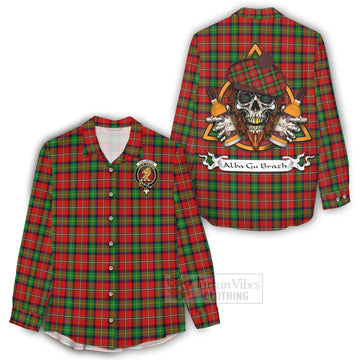 Fullerton Tartan Women's Casual Shirt with Family Crest and Bearded Skull Holding Bottles of Whiskey - Tartan Vibes Clothing