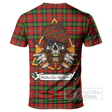 Fullerton Tartan T-Shirt with Family Crest and Bearded Skull Holding Bottles of Whiskey - Tartan Vibes Clothing