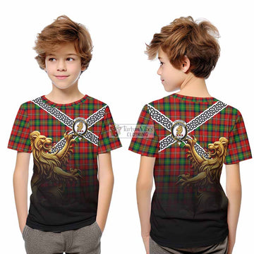 Fullerton Crest Tartan Kid T-Shirt with Golden Lion Emblem Celtic Style - Tartan Vibes Clothing