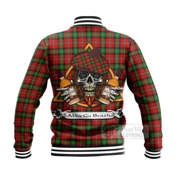 Fullerton Tartan Baseball Jacket with Family Crest and Bearded Skull Holding Bottles of Whiskey - Tartan Vibes Clothing