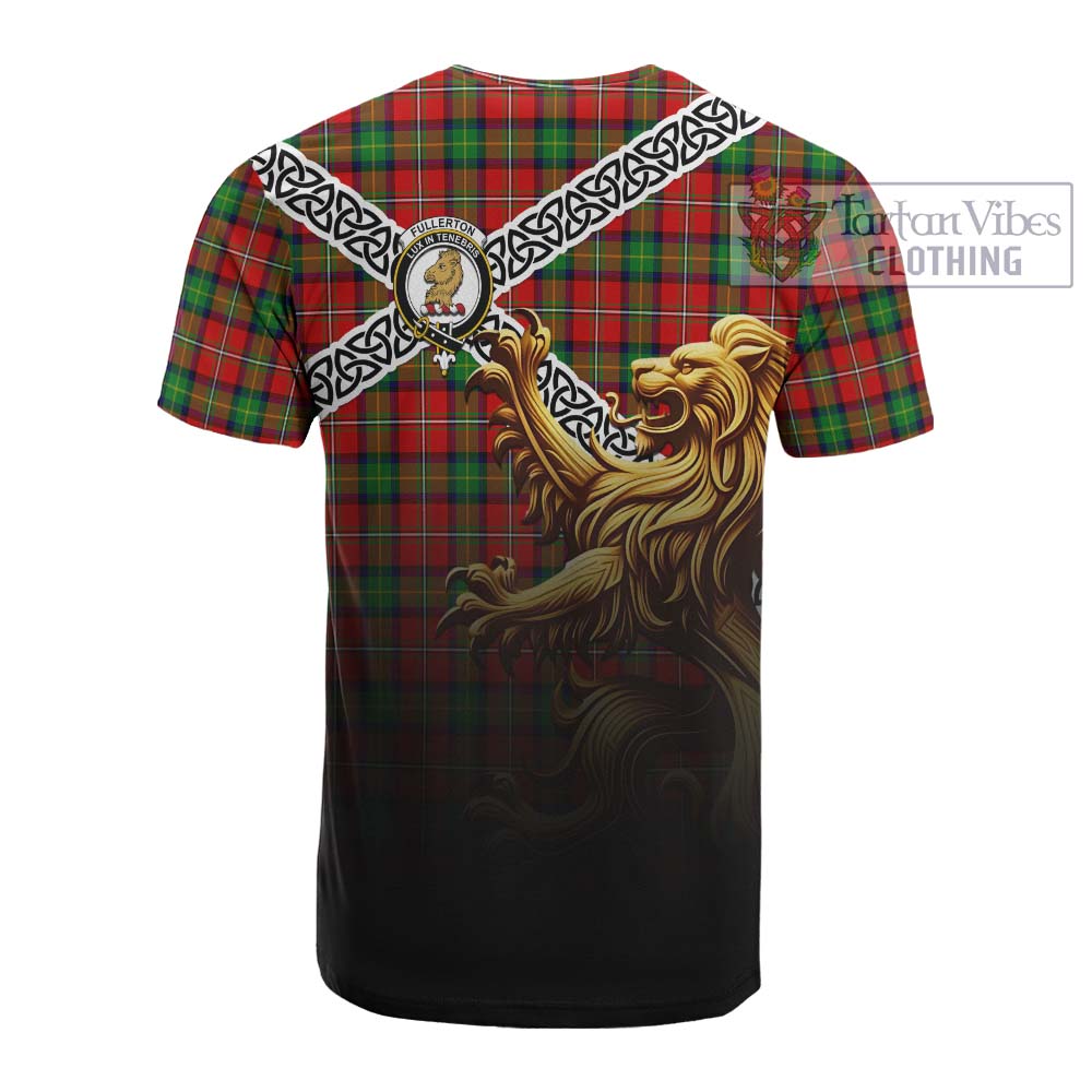 Fullerton Crest Tartan Cotton T-shirt with Golden Lion Emblem Celtic Style - Tartan Vibes Clothing