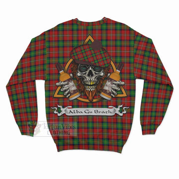 Fullerton Tartan Sweatshirt with Family Crest and Bearded Skull Holding Bottles of Whiskey - Tartan Vibes Clothing