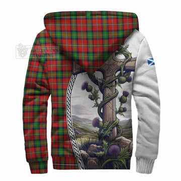 Fullerton Tartan Sherpa Hoodie with Family Crest and St. Andrew's Cross Accented by Thistle Vines - Tartan Vibes Clothing