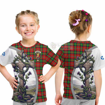 Fullerton Tartan Kid T-Shirt with Family Crest and St. Andrew's Cross Accented by Thistle Vines - Tartan Vibes Clothing