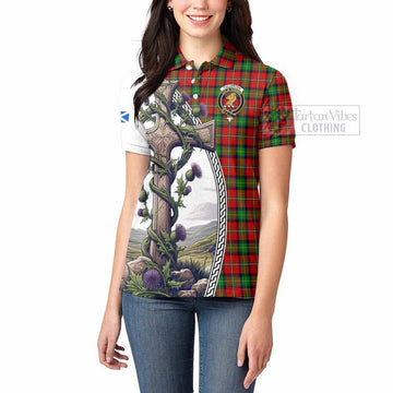 Fullerton Tartan Women's Polo Shirt with Family Crest and St. Andrew's Cross Accented by Thistle Vines - Tartan Vibes Clothing