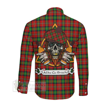 Fullerton Tartan Long Sleeve Button Shirt with Family Crest and Bearded Skull Holding Bottles of Whiskey Men's Shirt - Tartan Vibes Clothing