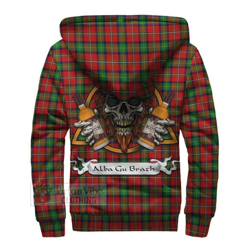 Fullerton Tartan Sherpa Hoodie with Family Crest and Bearded Skull Holding Bottles of Whiskey - Tartan Vibes Clothing