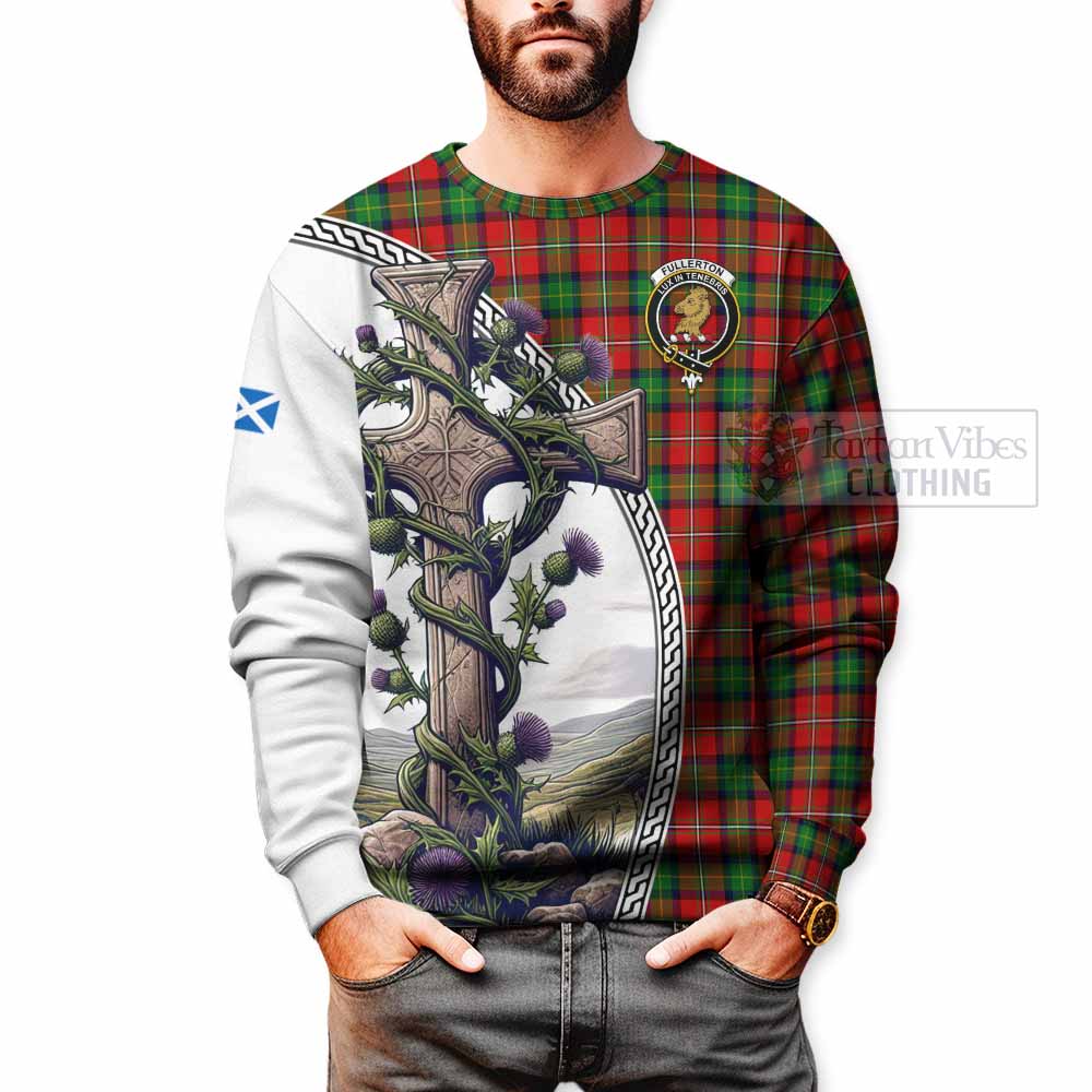 Fullerton Tartan Sweatshirt with Family Crest and St. Andrew's Cross Accented by Thistle Vines - Tartan Vibes Clothing