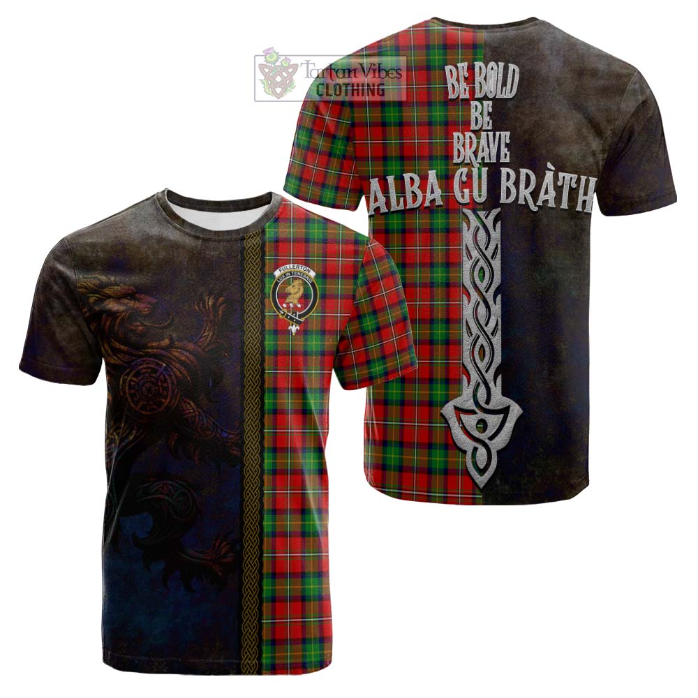 Tartan Vibes Clothing Fullerton Tartan Family Crest Cotton T-shirt Alba Gu Brath Be Brave Lion Ancient Style