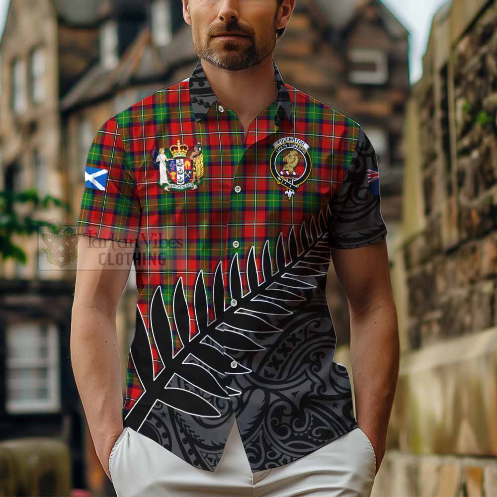 Fullerton Crest Tartan Hawaiian Shirt with New Zealand Silver Fern Half Style - Tartan Vibes Clothing