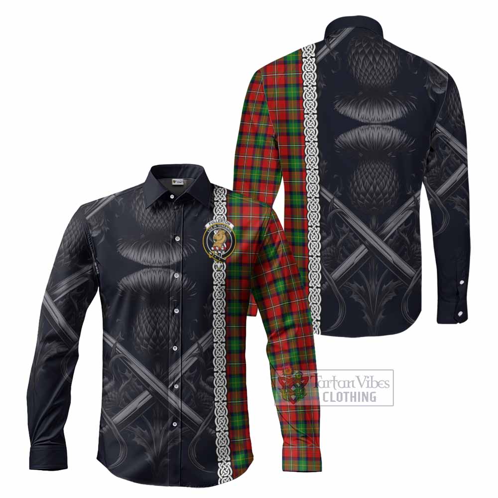 Tartan Vibes Clothing Fullerton Tartan Long Sleeve Button Shirt with Family Crest Cross Sword Thistle Celtic Vibes