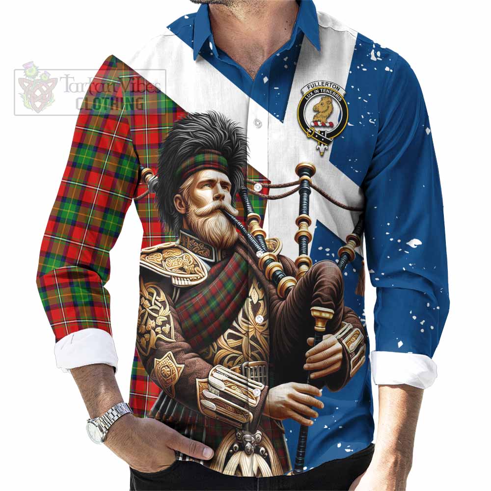 Fullerton Tartan Long Sleeve Button Shirt with Family Crest Scottish Bagpiper Vibes - Tartan Vibes Clothing