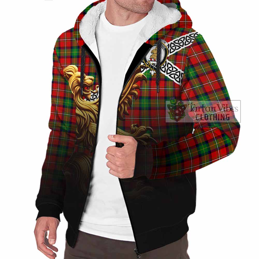 Fullerton Crest Tartan Sherpa Hoodie with Golden Lion Emblem Celtic Style - Tartan Vibes Clothing