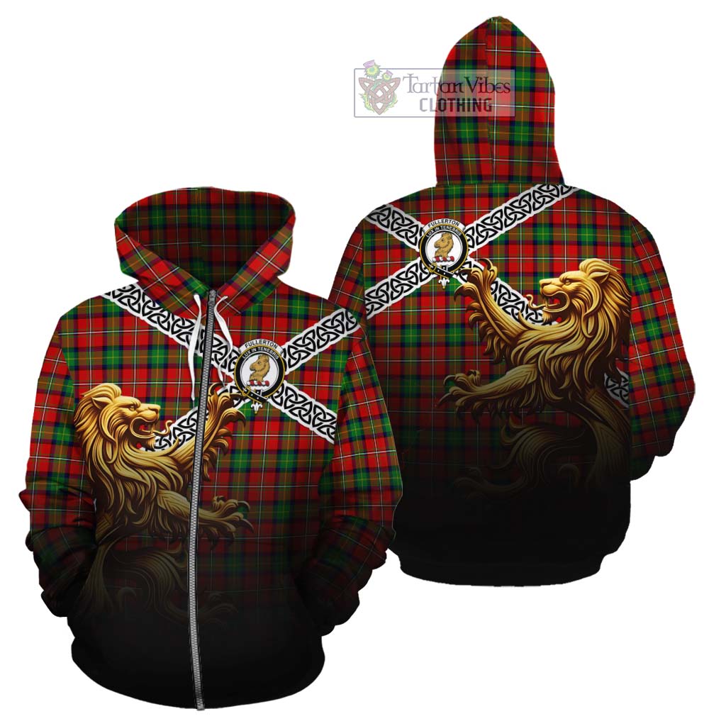 Fullerton Crest Tartan Cotton Hoodie with Golden Lion Emblem Celtic Style Zip Hoodie - Tartan Vibes Clothing