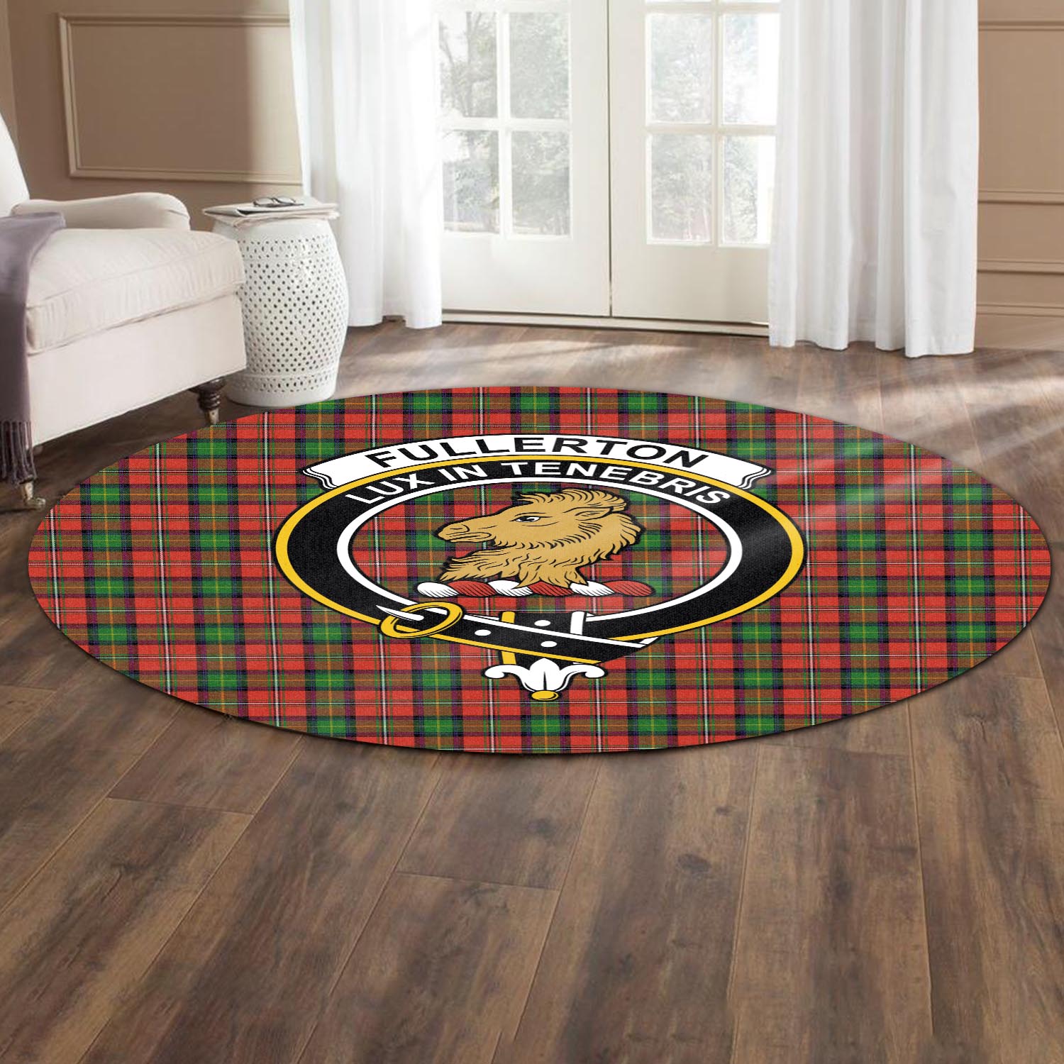 fullerton-tartan-round-rug-with-family-crest