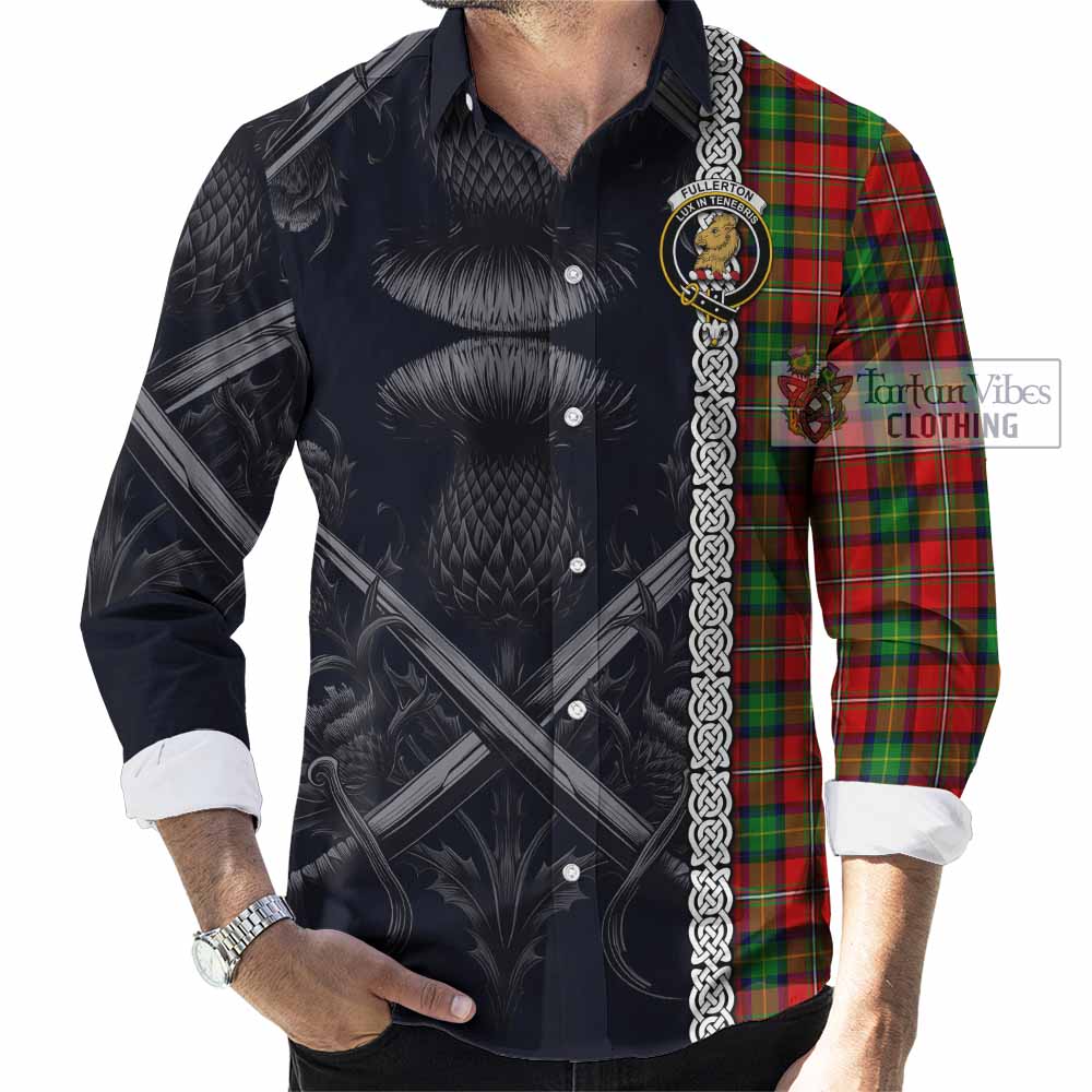Tartan Vibes Clothing Fullerton Tartan Long Sleeve Button Shirt with Family Crest Cross Sword Thistle Celtic Vibes