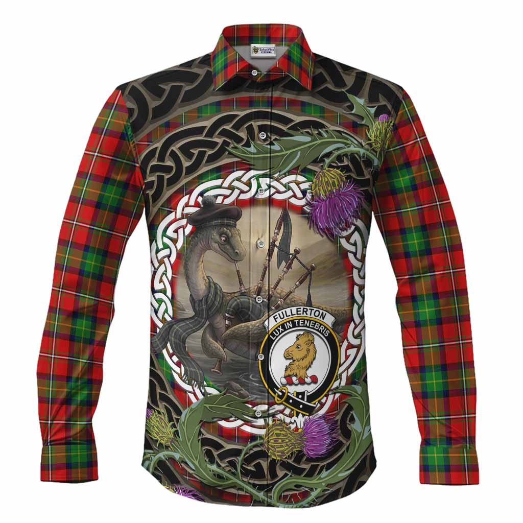Fullerton Tartan Crest Bagpipe Nessie Long Sleeve Button Shirts Scottish Loch Ness Monster Celtic Thistle