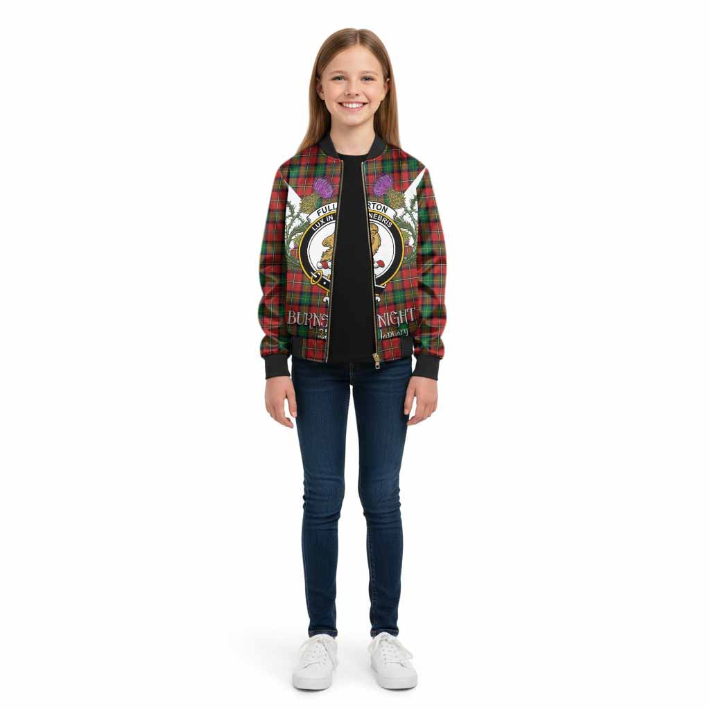 Fullerton Tartan Family Crest Kid Bomber Jacket Scottish Burns Night Thistle Floral