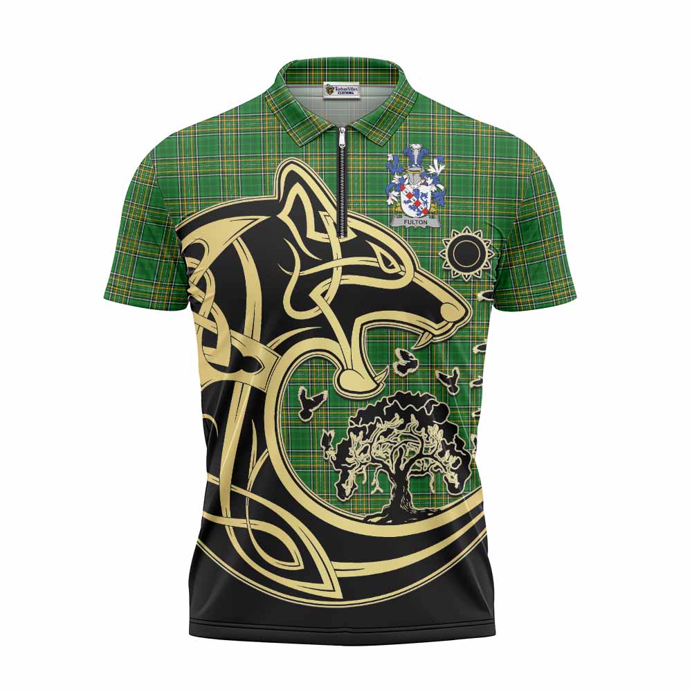 Tartan Vibes Clothing Fulton Irish Tartan Zipper Polo Shirt with Coat of Arms Celtic Wolf Style