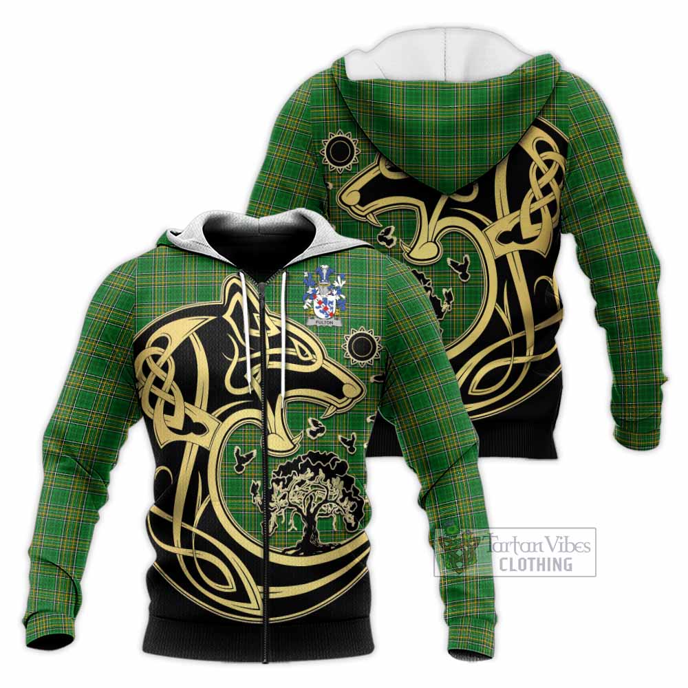 Tartan Vibes Clothing Fulton Irish Tartan Knitted Hoodie with Coat of Arms Celtic Wolf Style