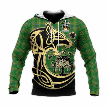 Fyan Irish Tartan Knitted Hoodie with Coat of Arms Celtic Wolf Style