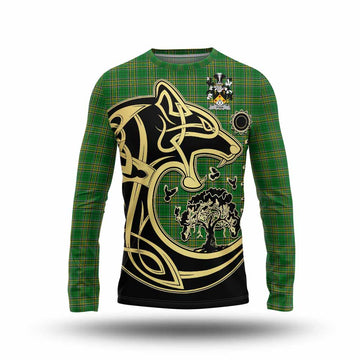 Tartan Vibes Clothing Fyan Irish Tartan Long Sleeve T-Shirt with Coat of Arms Celtic Wolf Style