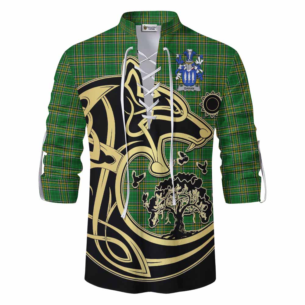 Tartan Vibes Clothing Gahan Irish Tartan Ghillie Kilt Shirt with Coat of Arms Celtic Wolf Style