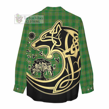 Gahan Irish Tartan Women's Casual Shirt with Coat of Arms Celtic Wolf Style
