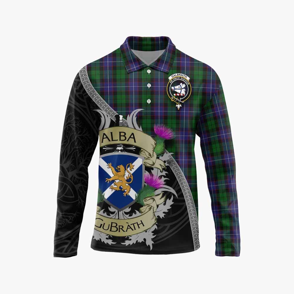 Tartan Vibes Clothing Galbraith Tartan Family Crest Long Sleeve Polo Shirt Lion Rampant Royal Thistle Shield Celtic Inspired