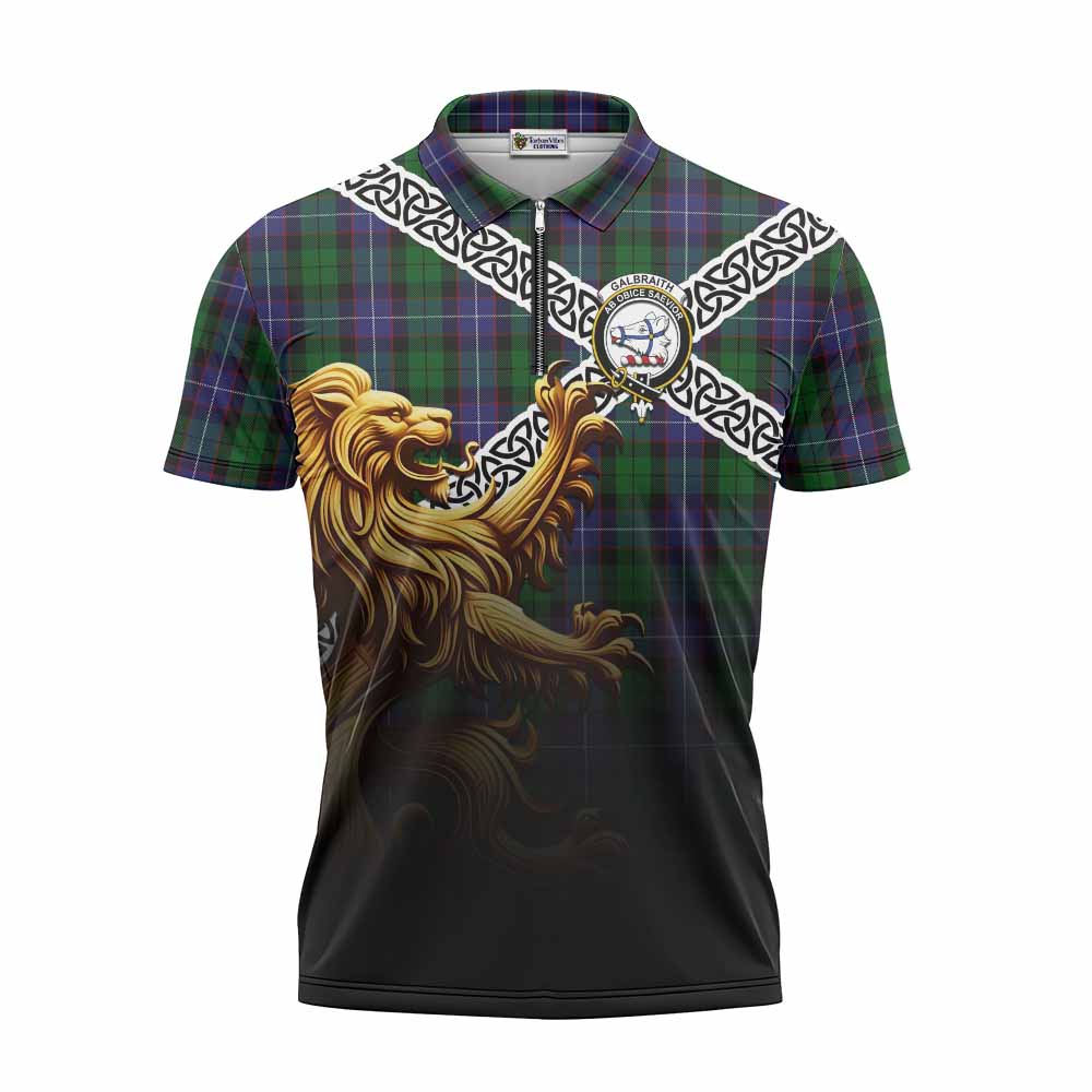 Tartan Vibes Clothing Galbraith Crest Tartan Zipper Polo Shirt with Golden Lion Emblem Celtic Style