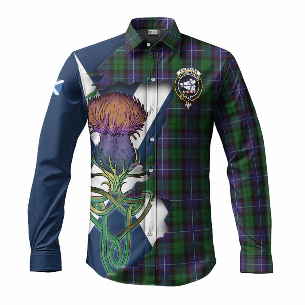 Tartan Vibes Clothing Galbraith Tartan Family Crest Long Sleeve Button Shirt Scottish Thistle Celtic Inspired