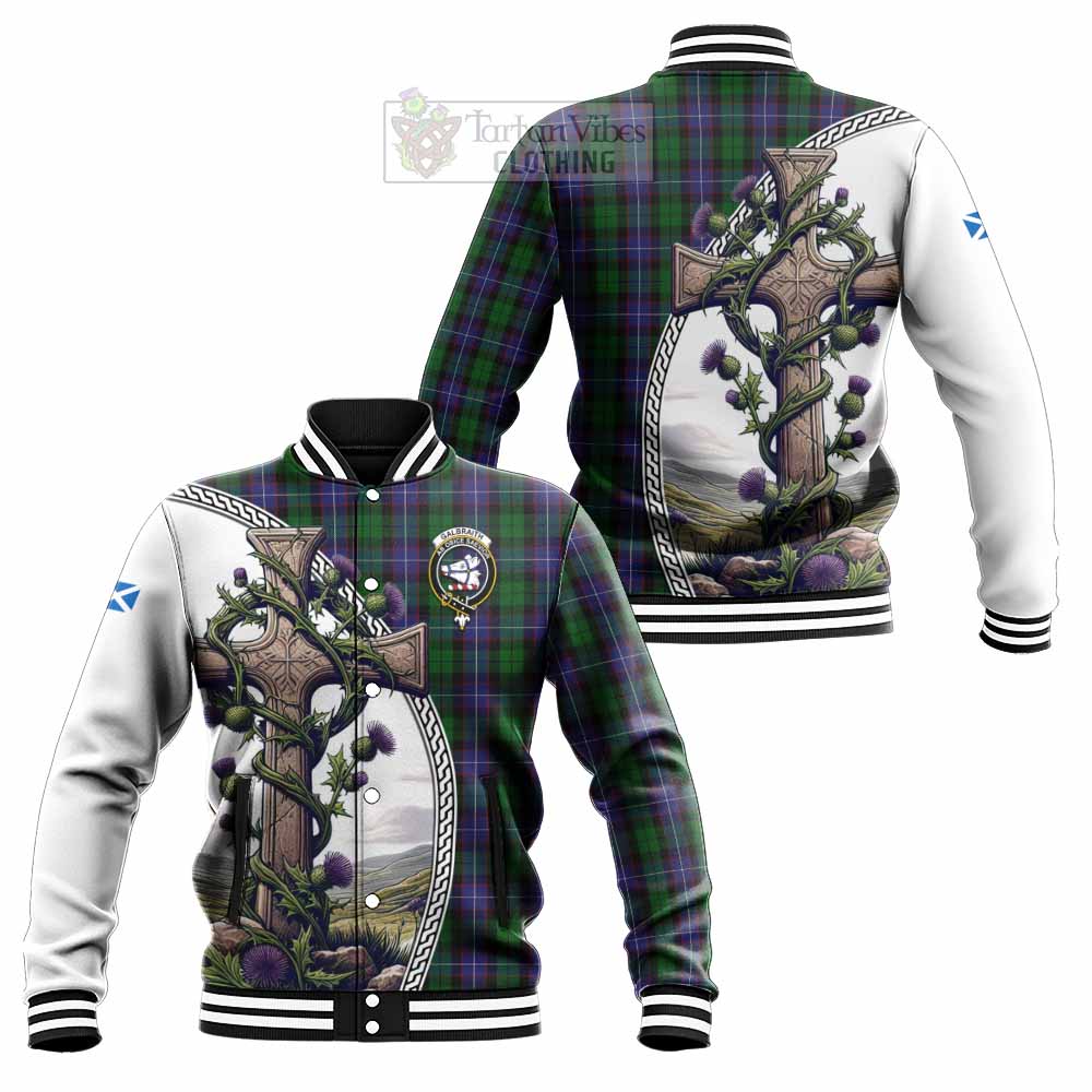 Tartan Vibes Clothing Galbraith Tartan Baseball Jacket with Family Crest and St. Andrew's Cross Accented by Thistle Vines