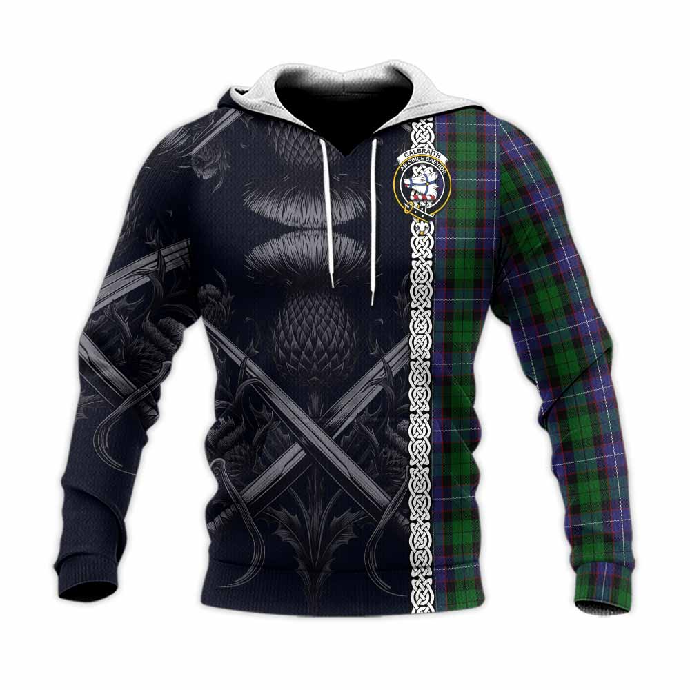 Tartan Vibes Clothing Galbraith Tartan Knitted Hoodie with Family Crest Cross Sword Thistle Celtic Vibes