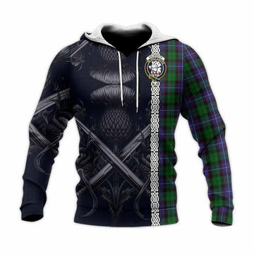 Tartan Vibes Clothing Galbraith Tartan Knitted Hoodie with Family Crest Cross Sword Thistle Celtic Vibes