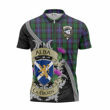Galbraith Tartan Family Crest Zipper Polo Shirt Lion Rampant Royal Thistle Shield Celtic Inspired