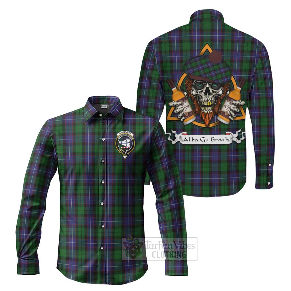 Tartan Vibes Clothing Galbraith Tartan Long Sleeve Button Shirt with Family Crest and Bearded Skull Holding Bottles of Whiskey