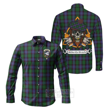 Tartan Vibes Clothing Galbraith Tartan Long Sleeve Button Shirt with Family Crest and Bearded Skull Holding Bottles of Whiskey