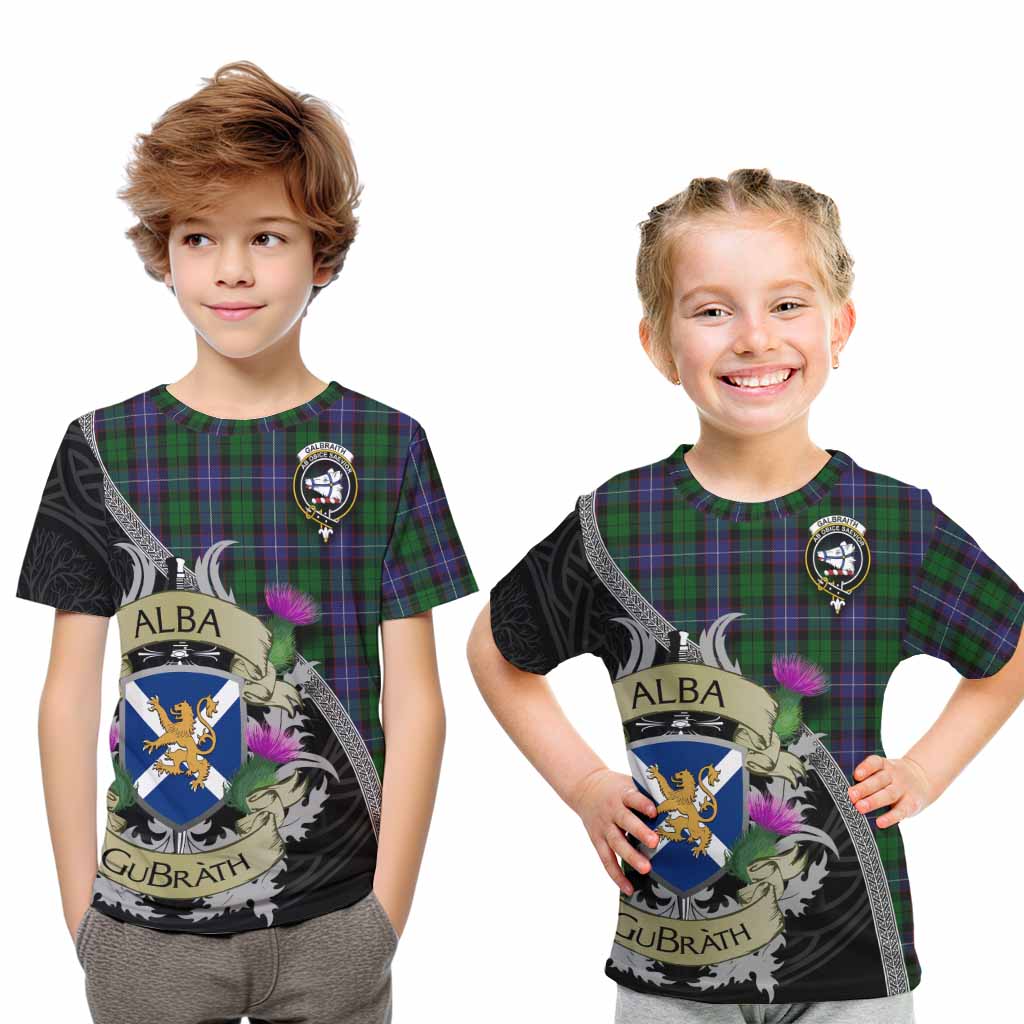 Tartan Vibes Clothing Galbraith Tartan Family Crest Kid T-Shirt Lion Rampant Royal Thistle Shield Celtic Inspired