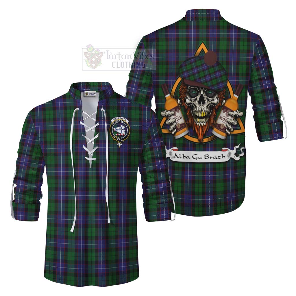 Tartan Vibes Clothing Galbraith Tartan Ghillie Kilt Shirt with Family Crest and Bearded Skull Holding Bottles of Whiskey