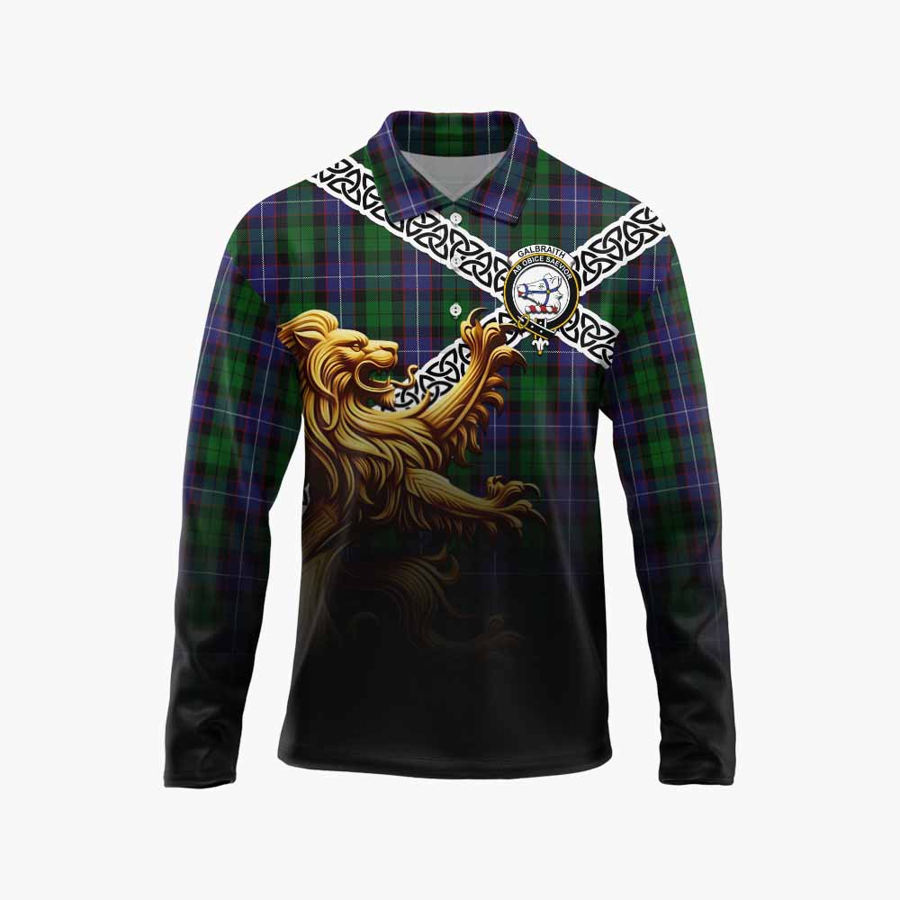 Tartan Vibes Clothing Galbraith Crest Tartan Long Sleeve Polo Shirt with Golden Lion Emblem Celtic Style