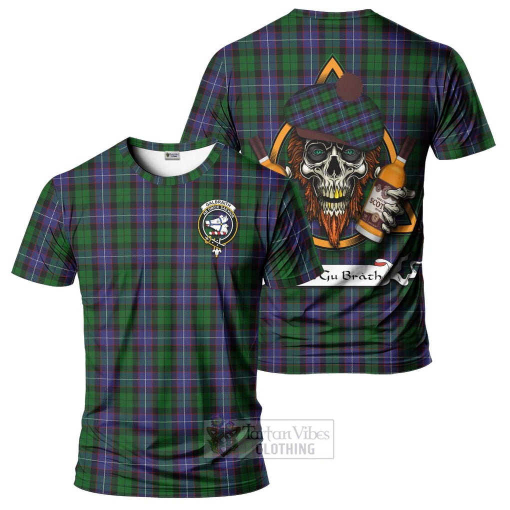 Tartan Vibes Clothing Galbraith Tartan T-Shirt with Family Crest and Bearded Skull Holding Bottles of Whiskey