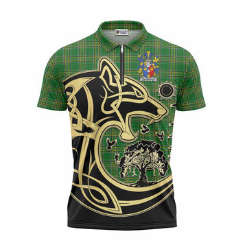 Galbraith Irish Tartan Zipper Polo Shirt with Coat of Arms Celtic Wolf Style