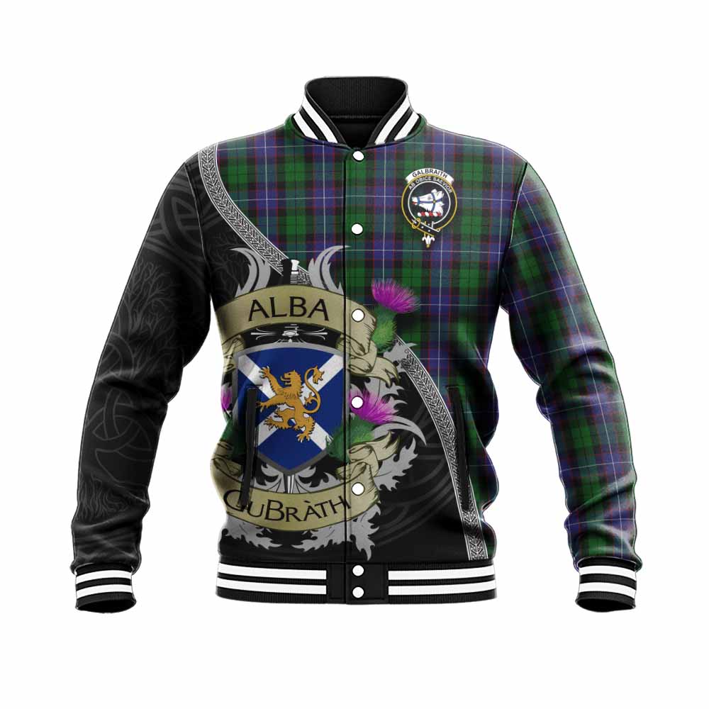 Tartan Vibes Clothing Galbraith Tartan Family Crest Baseball Jacket Lion Rampant Royal Thistle Shield Celtic Inspired